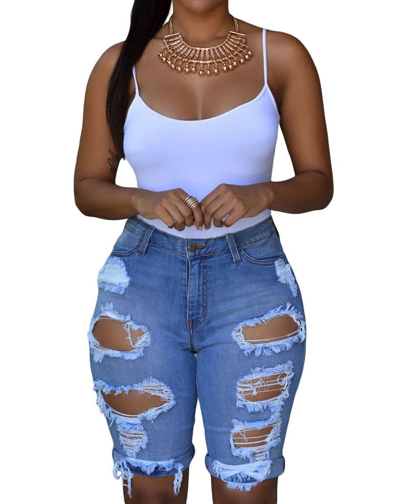roswear Women's Ripped Denim Mid Rise Stretchy Bermuda Shorts Jeans Light Blue Large - Image 1